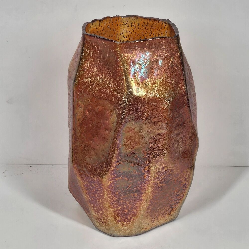 Hand Blown Glass Vase Modernist Textured Geometric Orange Iridescent 8.5"